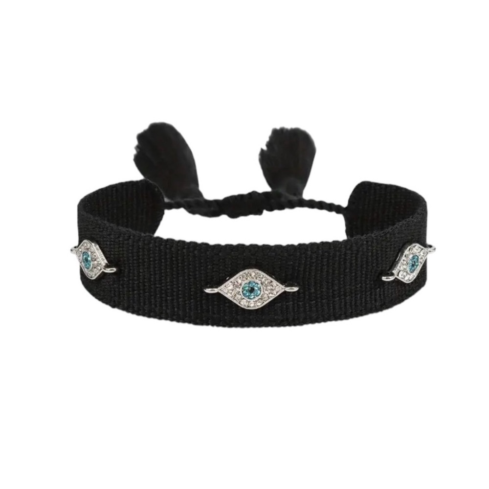 Black Woven Tassel Rhinestone Evil Eye Friendship Bracelet